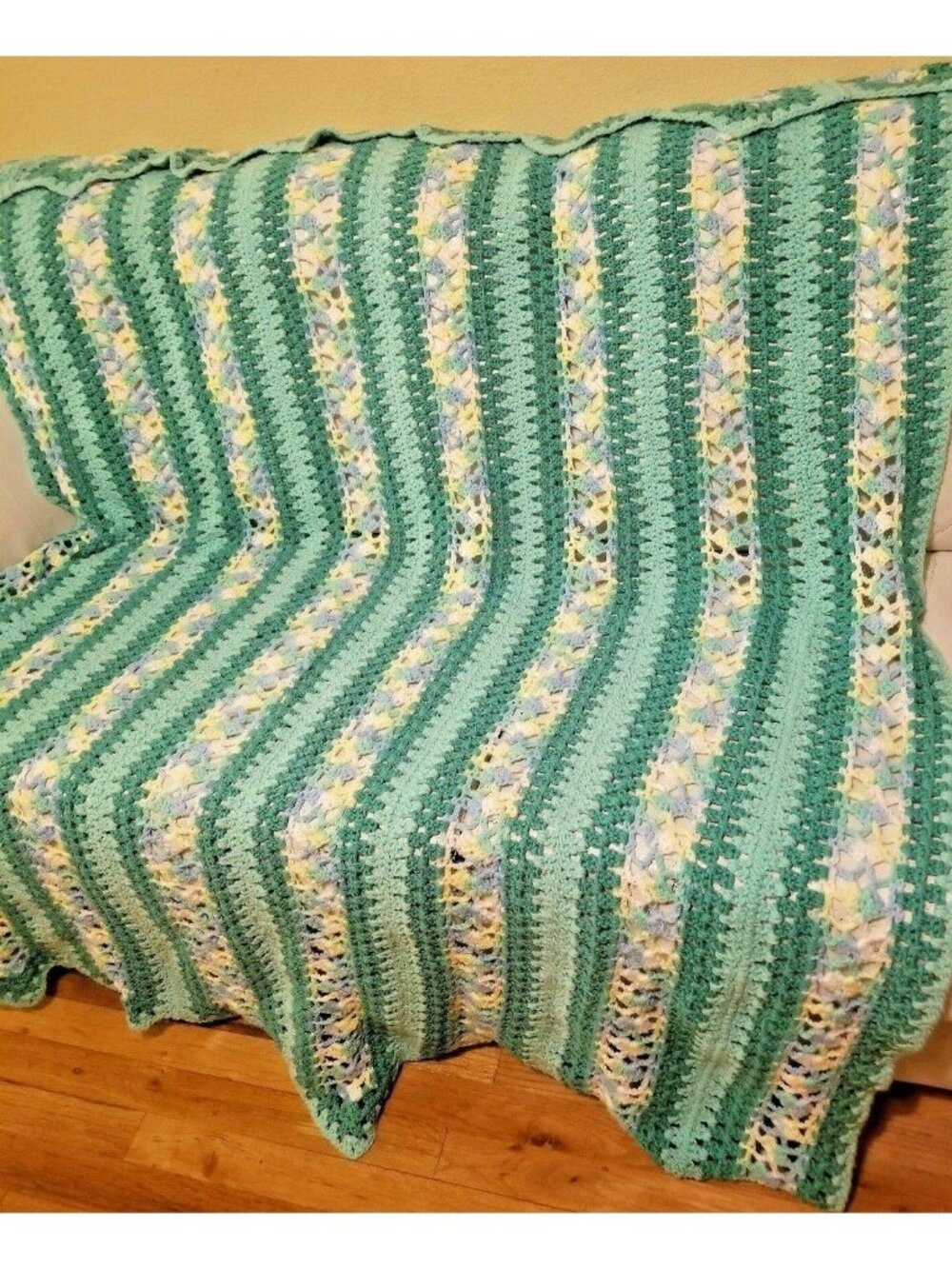 Vintage Hand-Crocheted Afghan Blanket Green & Pastel Stripes 45"x30"